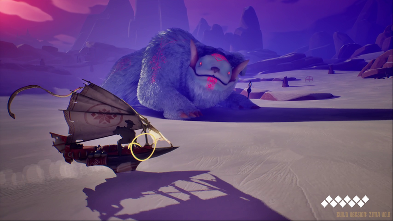 A sailing ship gliding across sand in front of a giant furry creature